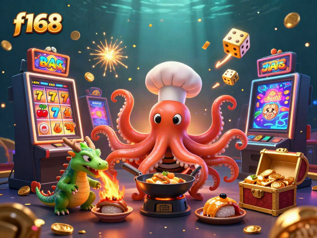 Experience the excitement of f168 with a vibrant illustration featuring a sushi chef octopus and engaging game elements.