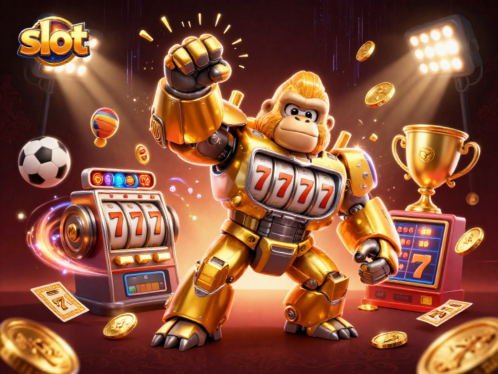 Spin to win big at slots as a golden gorilla mech triumphs in a dynamic casino scene.