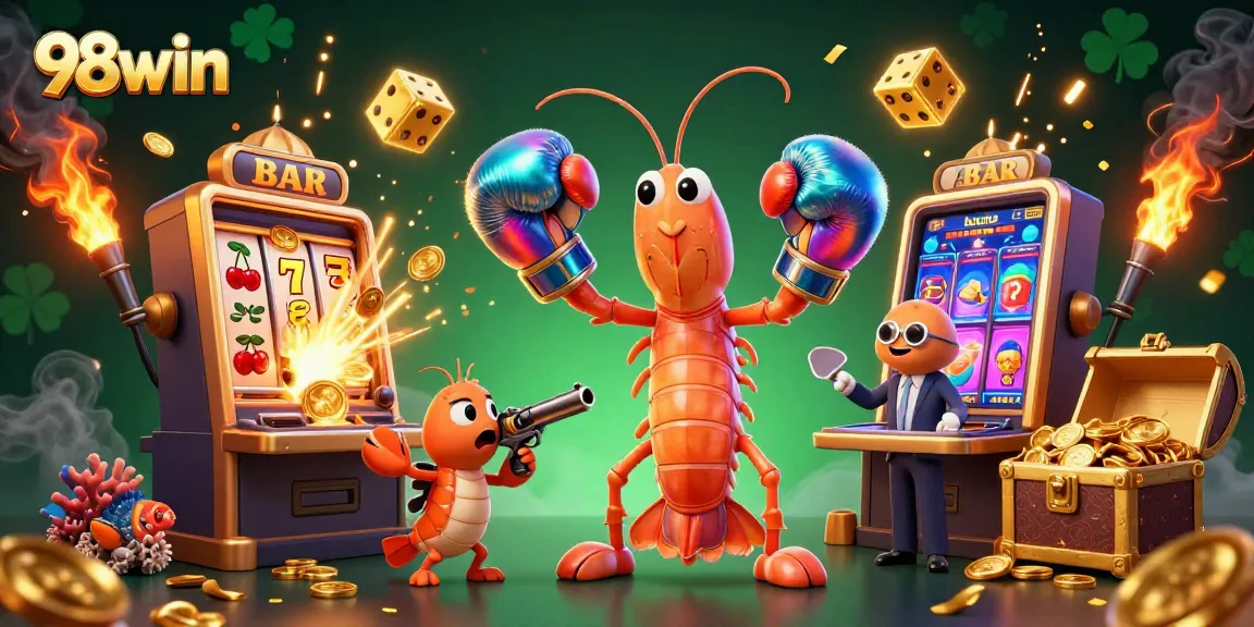Experience the excitement of 98win with dynamic slot machines, animated characters, and colorful casino elements.