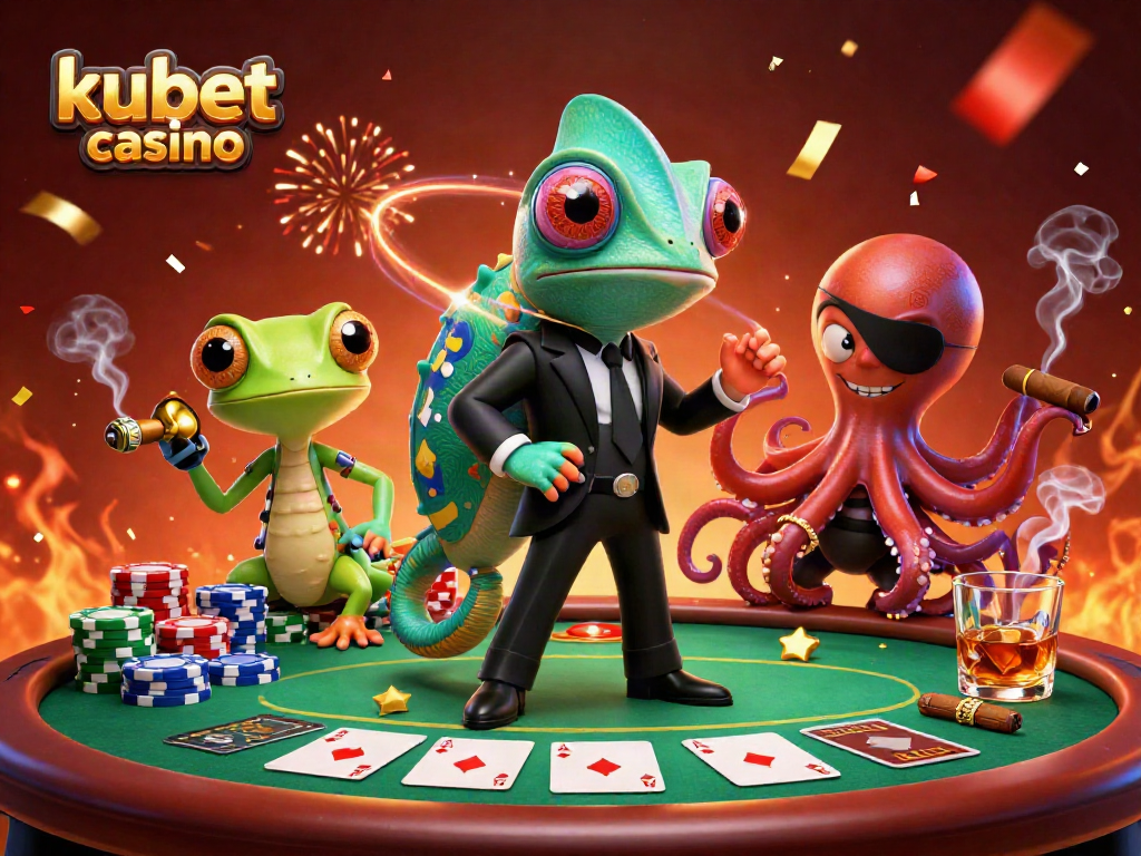 Engage in big wins at kubet casino with a dynamic 3D illustration of colorful poker action.