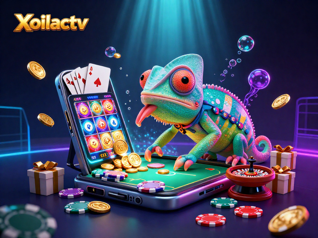 Xoilactv features an enormous chameleon casino owner capturing golden coins amid vibrant gaming elements and dynamic action.