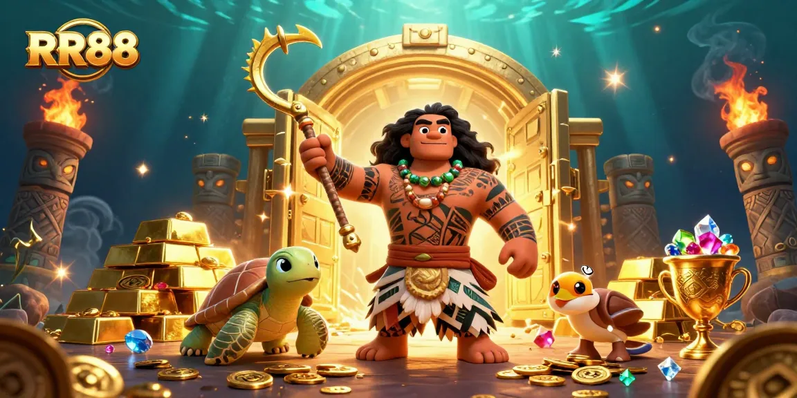 RR88 players unlock riches with a vibrant casino-themed 3D illustration featuring golden treasures and a Polynesian demigod.