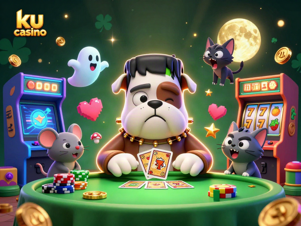 The ku casino scene showcases a 3D cartoon Frankenstein bulldog dealing cards, with a ghost mouse amid gaming excitement.