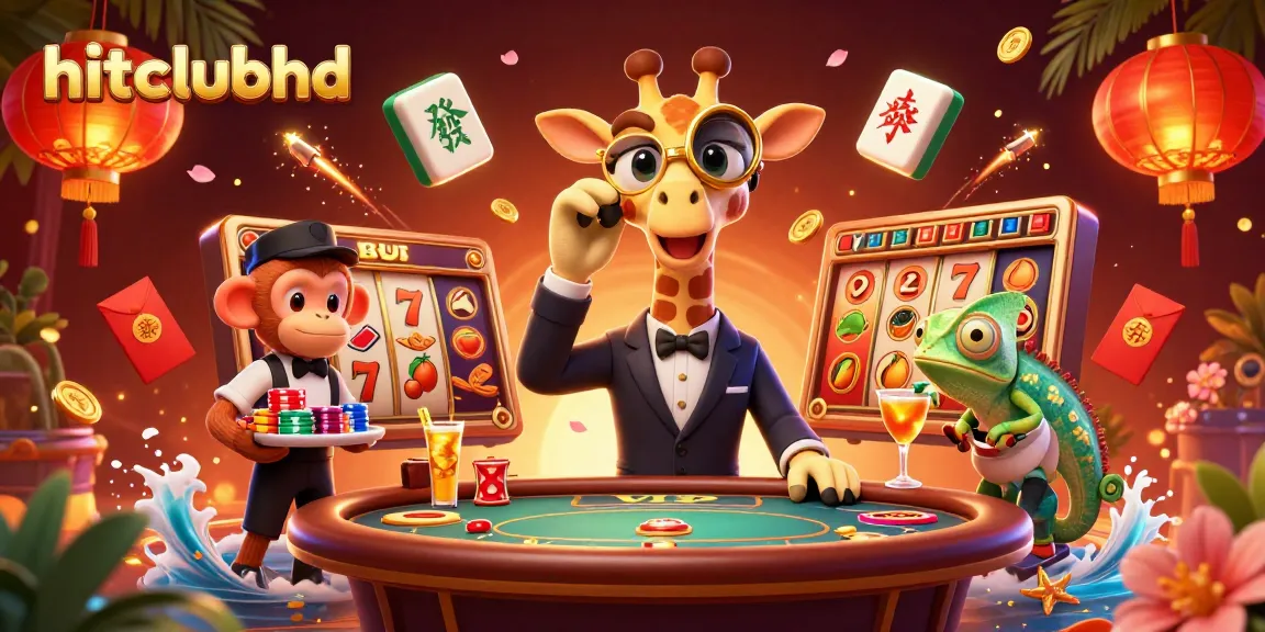 hitclubhd offers an exciting scene with a giraffe and friends at a vibrant casino.