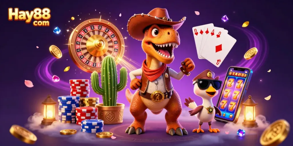 Experience exciting gameplay at Hay88 com with a vibrant casino scene filled with T-Rex, coins, and cards.