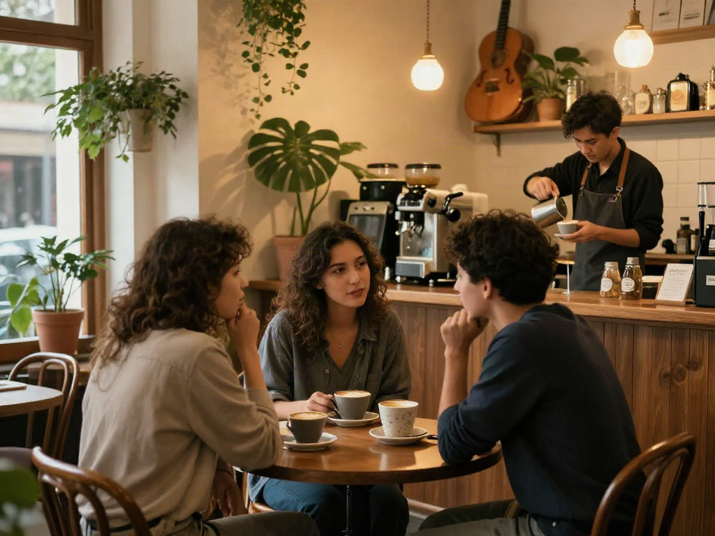 Suasana kafe romantis dengan pasangan berbincang, menciptakan nuansa intim, istanawin dalam pertemuan cinta.