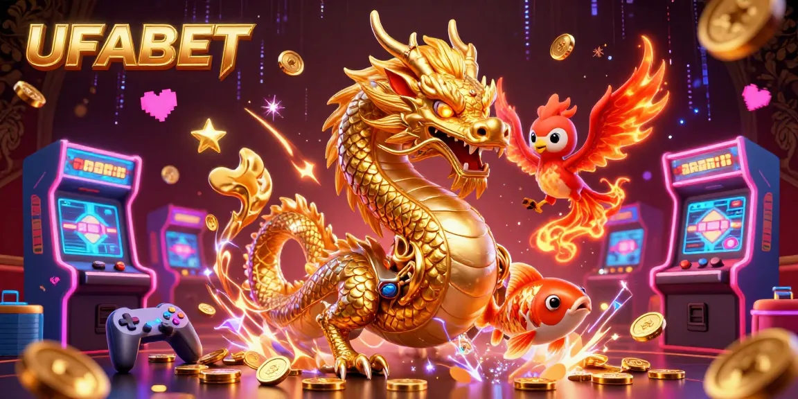 Bet on UFABET with a vibrant 3D illustration showcasing a golden dragon, phoenix, and koi fish in a dynamic casino atmosphere.