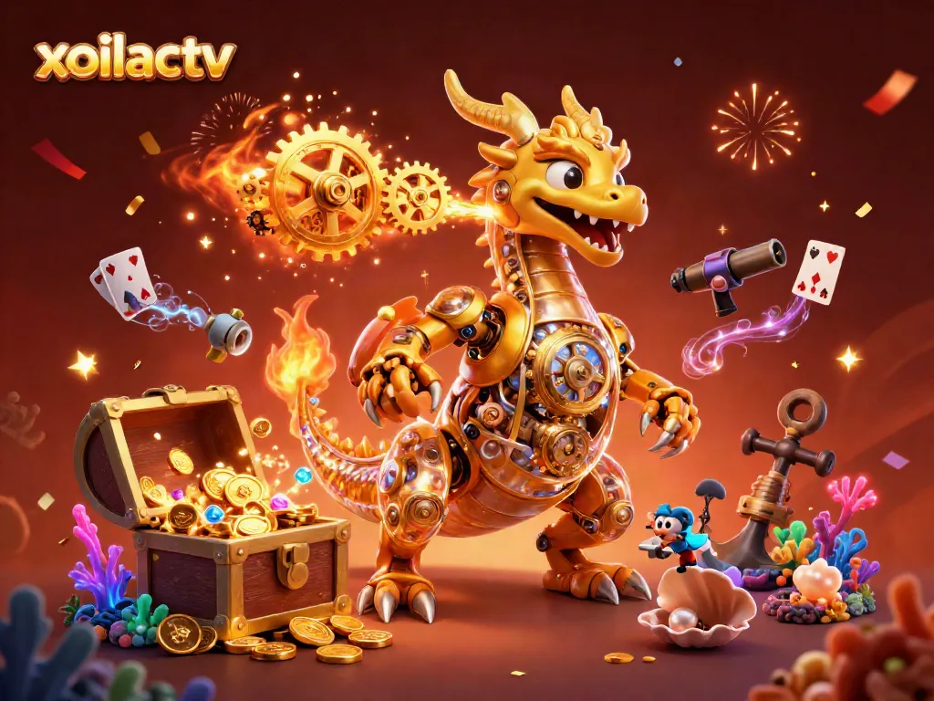 Experience the thrilling action of xoilactv with a golden dragon and treasure-filled scene.
