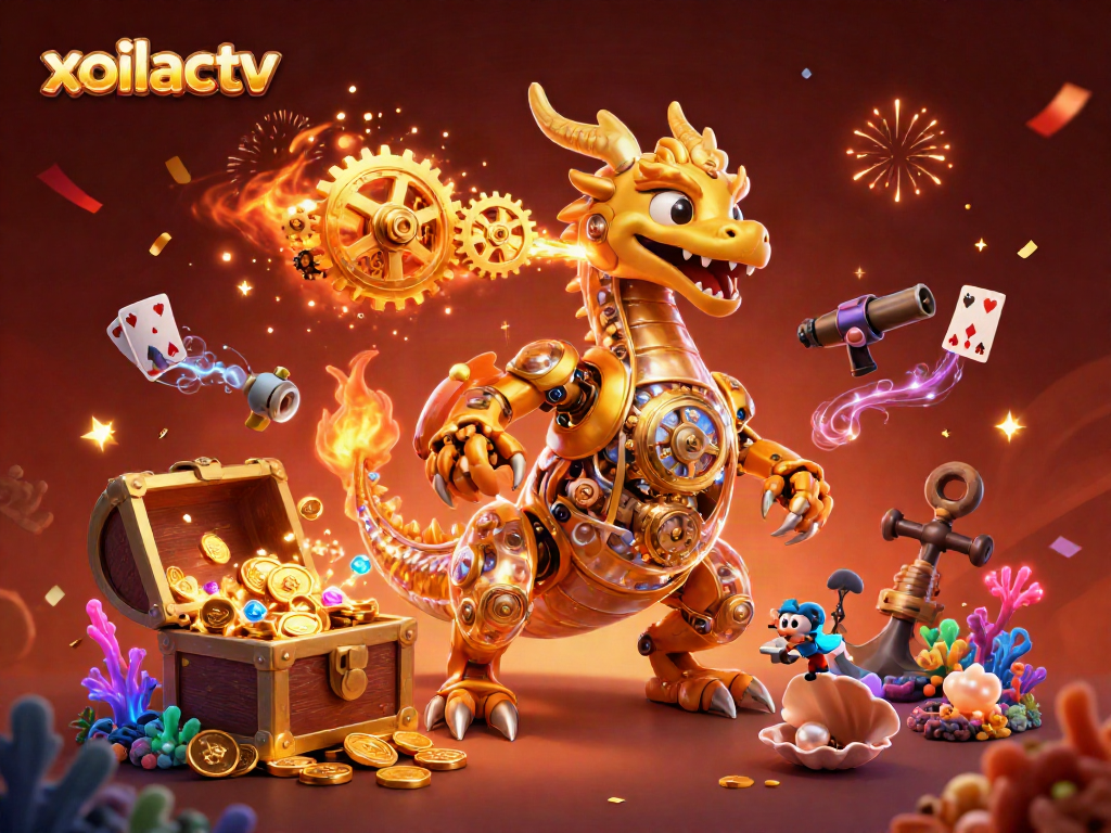 Experience the thrilling action of xoilactv with a golden dragon and treasure-filled scene.