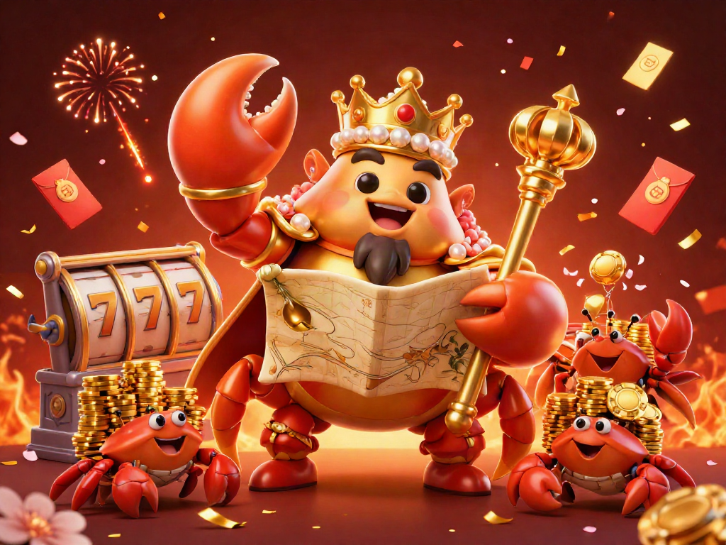 Spin the reels of slot 777 gacor with a golden crab emperor amidst festive casino elements.