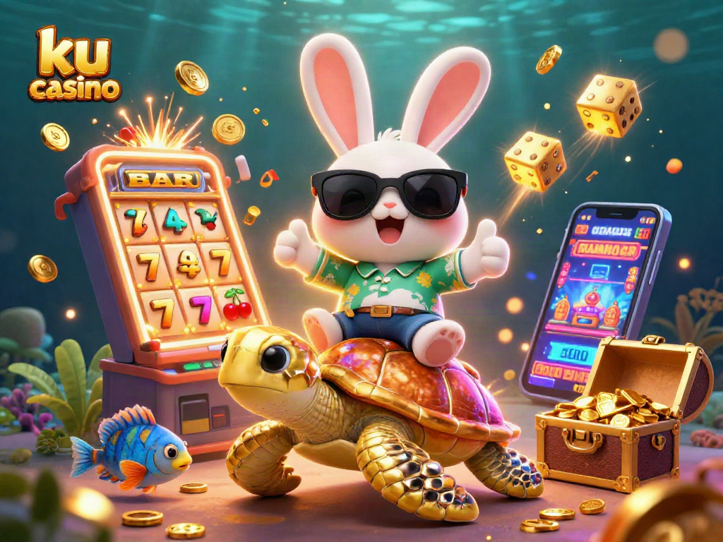 Join the excitement of ku casino with a lucky rabbit and golden sea turtle in a vibrant 3D casino scene.