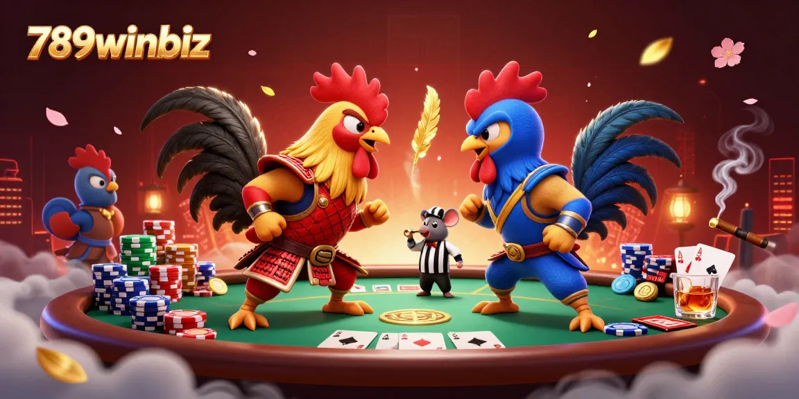Experience thrilling action at 789winbiz with dynamic cartoon roosters in a poker drama amidst colorful casino elements.