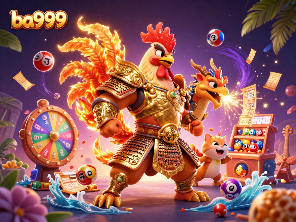 Engage in thrilling lottery gaming with ba999 surrounded by colorful lottery elements and exciting characters.