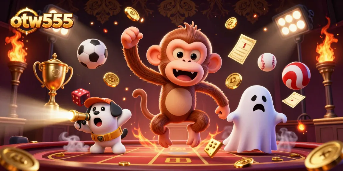 Experience otw555 excitement as the playful ghostly monkey juggles casino treasures under a golden spotlight.