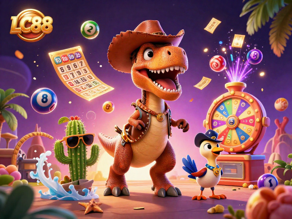 Join the fun at LC88 with a vibrant 3D cartoon scene of a dinosaur, cactus, and bird celebrating in a casino!