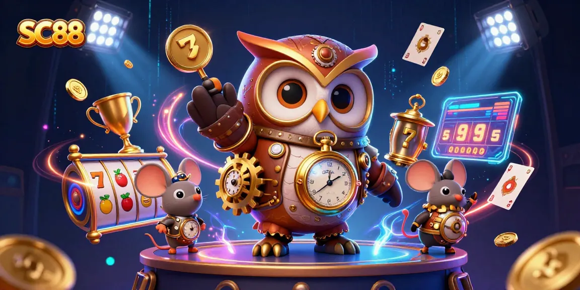 Experience SC88's thrilling slot gaming adventure with a time-traveler owl and a clockwork mouse