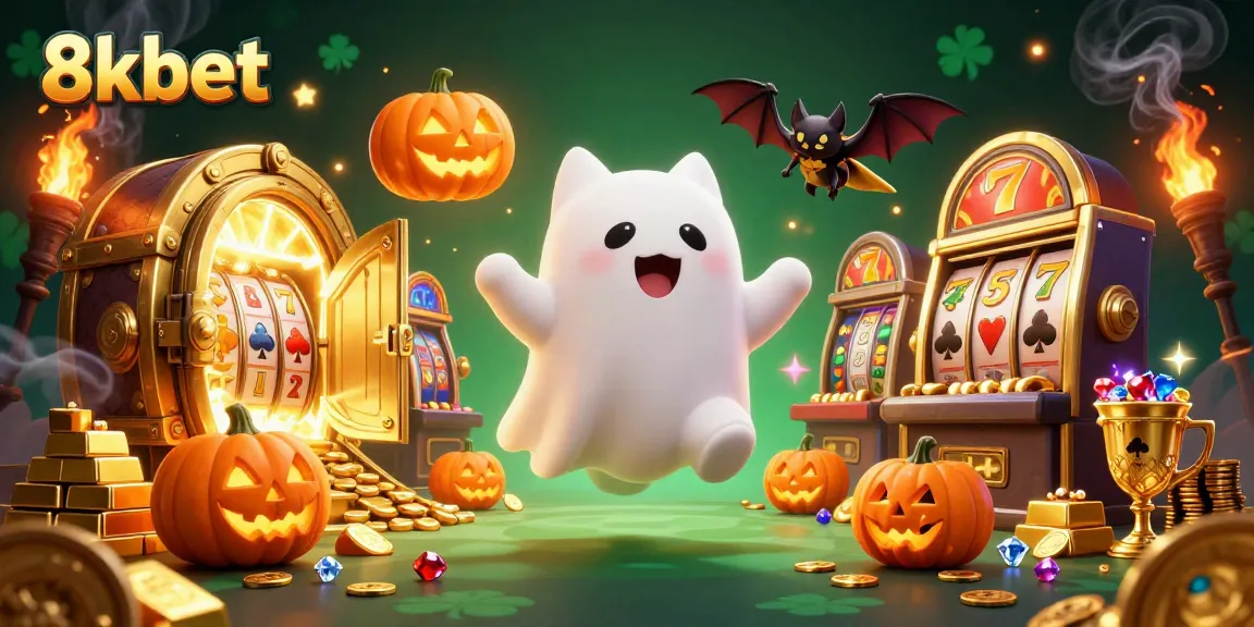 Experience thrilling slot action with 8xbet's ghostly cat and treasures in a haunted casino.