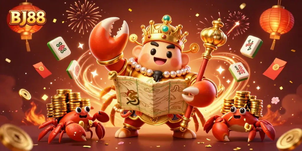 Experience the excitement of BJ88 Casino with a vibrant 3D illustration of the golden crab emperor and game elements.